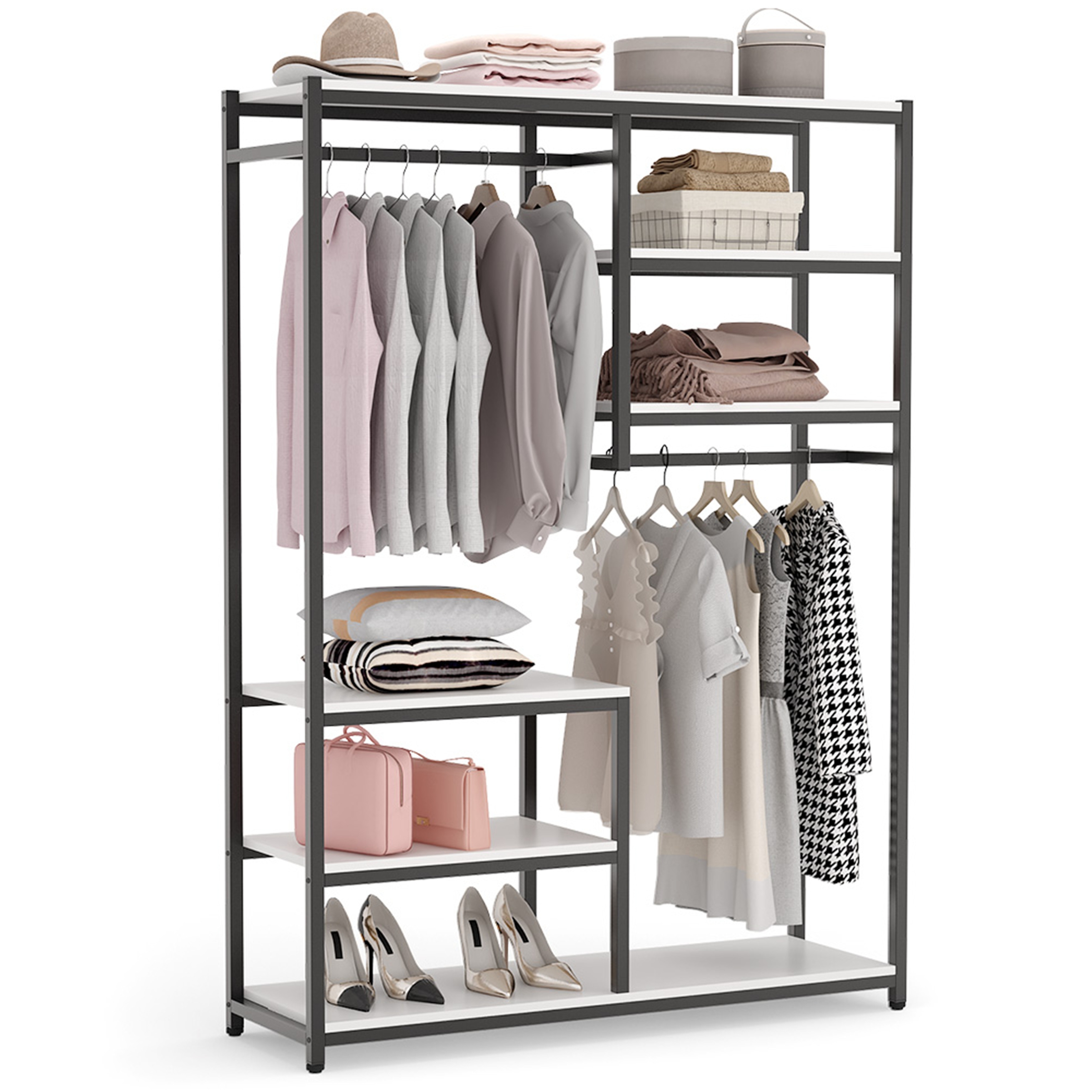 Heavy Duty Clothes Closet Storage with Shelves MDF Board&Metal Fame Garment Rack 