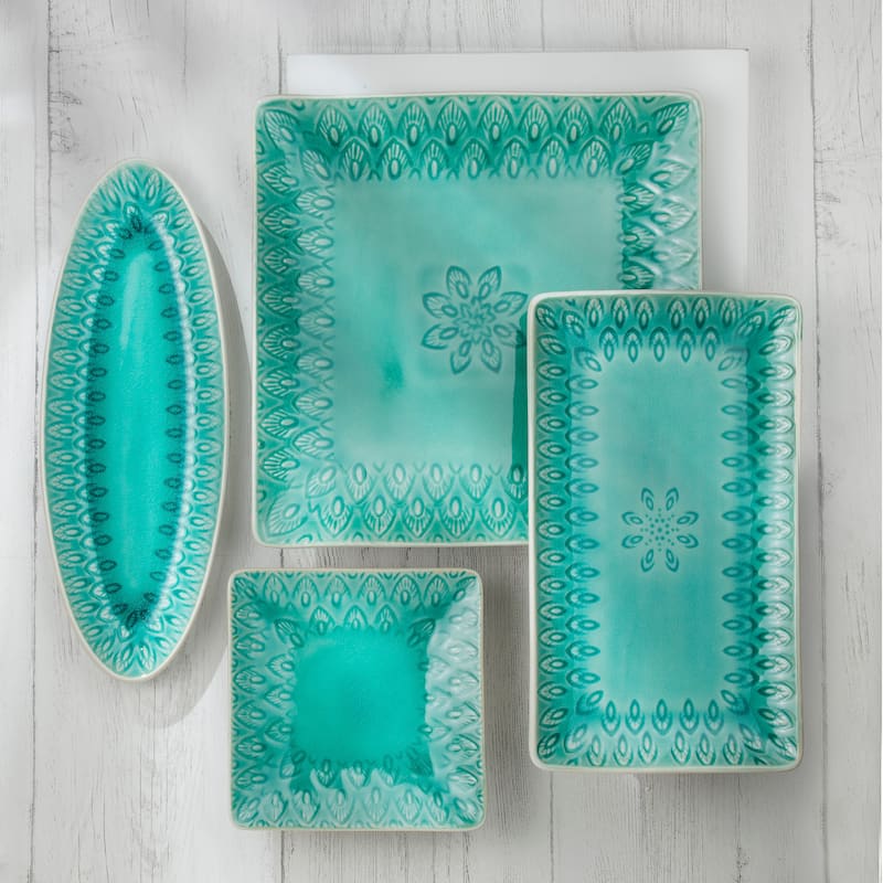 Euro Ceramica Peacock 4 Piece 6.5" Square Appetizer / Canape Plate Set in Lagoon - 6.5 in. x 6.5 in. x 0.8 in.