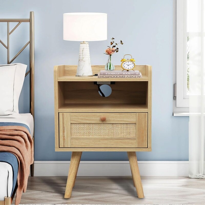 Giantex Nightstand W/Charging Station, Tall Bedside Table, End Table Bookcase W Adjustable Shelves Brown