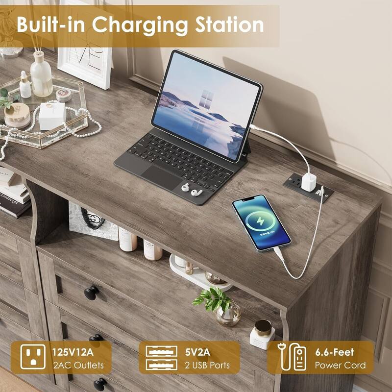Modern 6 Drawer Dresser for Bedroom with Power Outlet and LED Light