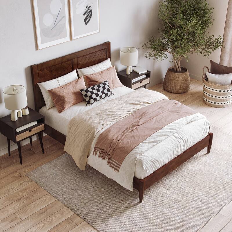 Solid Wood Low Profile Platform Bed - Classic Charm Design, USB Charger Included, Walnut Finish, Full Size Bed