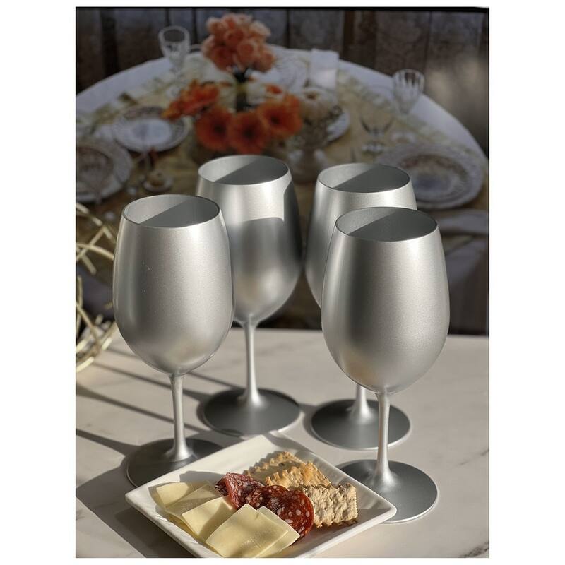 Metallic Silver Color Plastic Wine Glasses Set of 4 (20oz), BPA Free Acrylic Wine Glass Set, Unbreakable