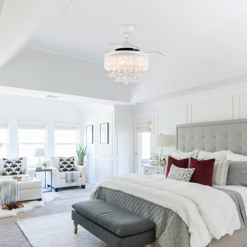 36" White Retractable 3-blade Crystal Ceiling Fan Chandelier with Remote