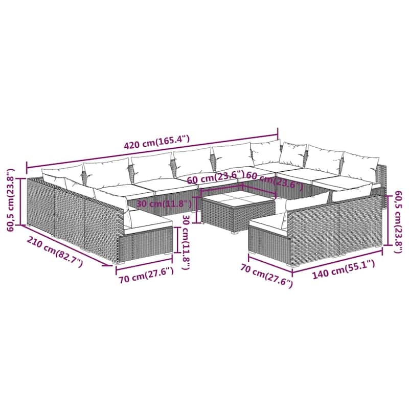 vidaXL Patio Lounge Set Outdoor Sectional Sofa Set Table Garden Poly Rattan - 27.6" x 27.6" x 23.8"