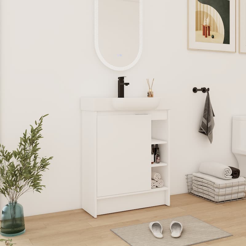 28 Inch Freestanding Bathroom Vanity Cabinet with Ceramic Sink,1 Soft Close Door and 3 Shelves