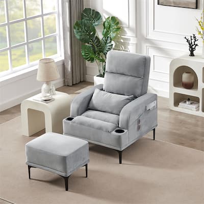 Velvet Adjustable Backrest Accent Chairs with Ottoman, Cup Holder and Side Pockets