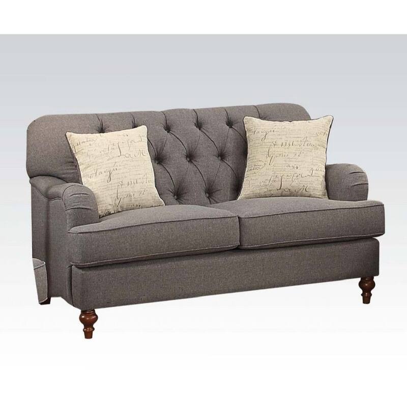 HomeRoots 61" Dark Gray And Brown Linen Curved Loveseat and Toss Pillows