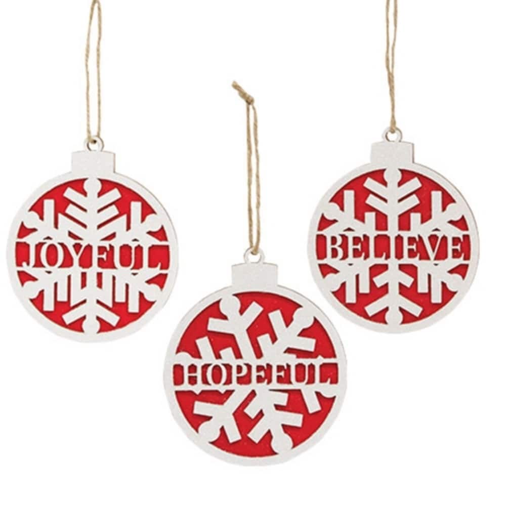 Wooden Christmas Ornaments with Snowflake Design Red White Holiday Tree Decor 3 Asstd. - 5" H x 4" W x .25" D