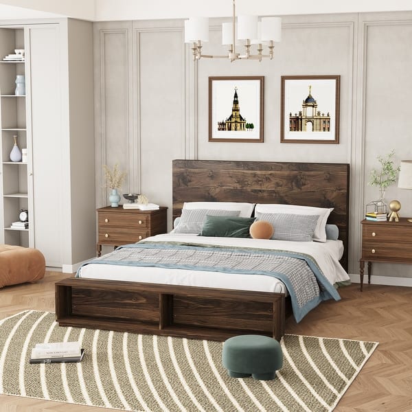 King Size Walnut Wood Platform Bed with Storage Bench Bed Bath