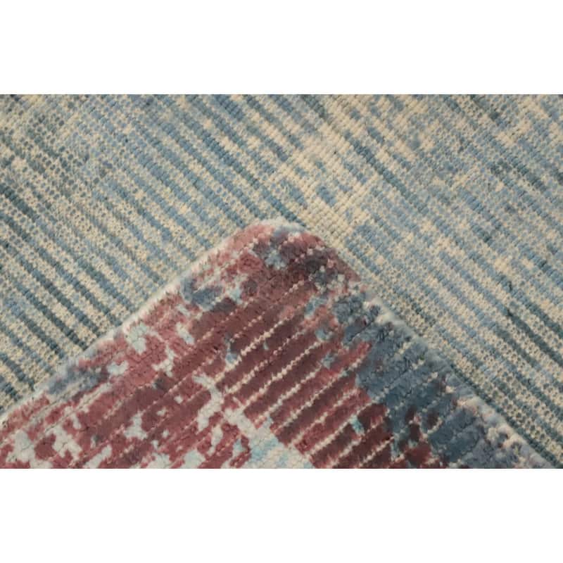Hand Knotted Oriental Viscose Silk Carpet Modern Abstract Navy Blue & Blues Abstract Area Rug - 7' 10'' X 5' 0''