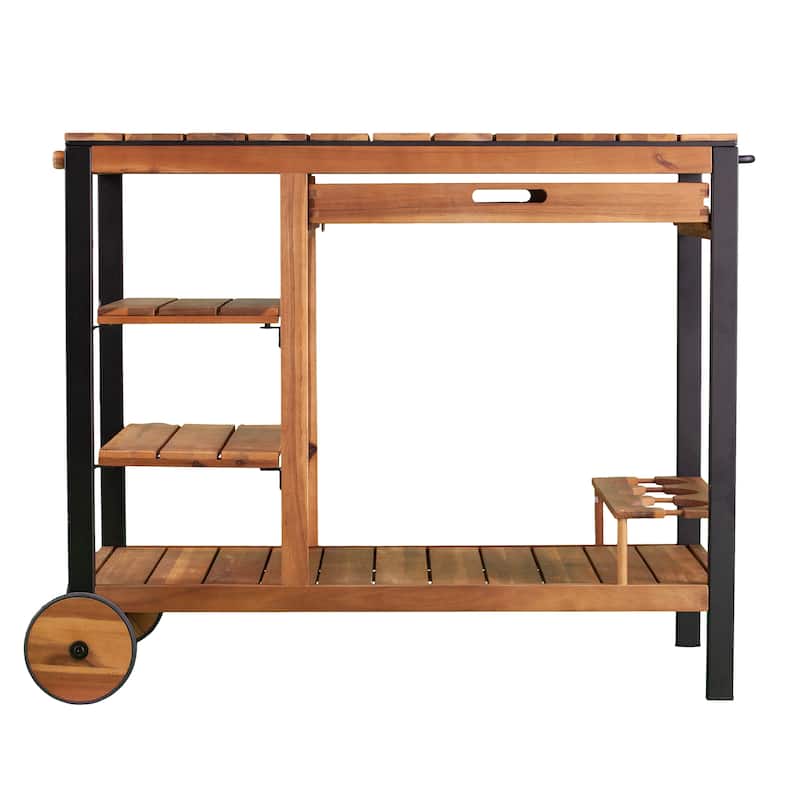 SEI Furniture Murston Natural Acacia Wood Outdoor Bar Cart with Storage and Bottle Holder
