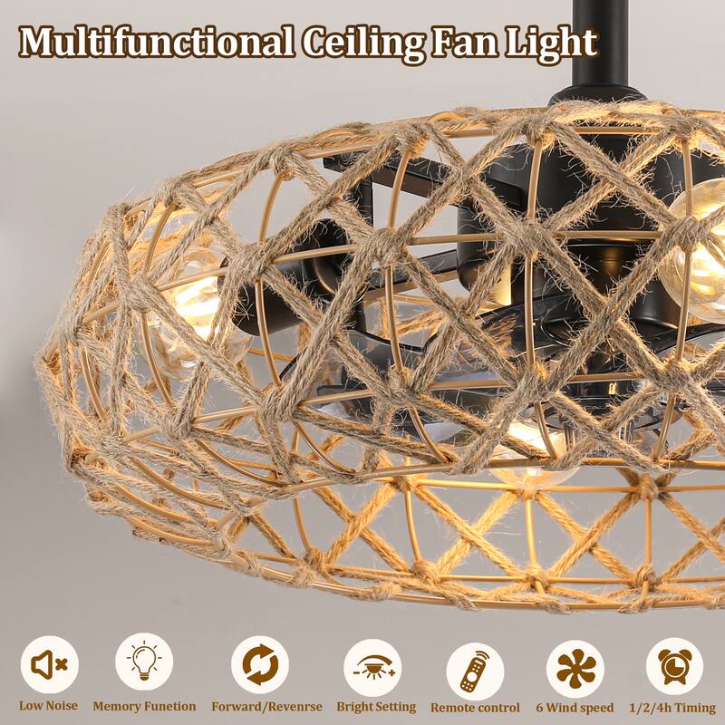 19" Hemp Rope Woven Ceiling Fan with 4 bulbs, Dimmable, 7 Blades, Reversible DC motor