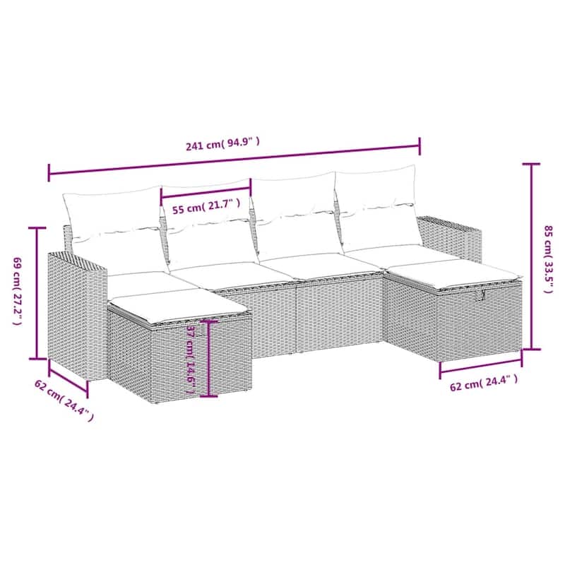 vidaXL Patio Sofa Set with Cushions Outdoor Furniture 6 Piece Poly Rattan