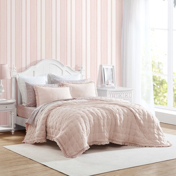 Laura Ashley Hailee Solid Pink Microfiber Quilt Set Bed Bath & Beyond 37760434
