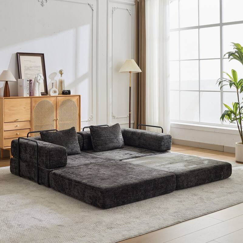 Convertible Floor Sofa Bed - Fixed Frame Chenille Loveseat, Modular Sectional, No Assembly Required