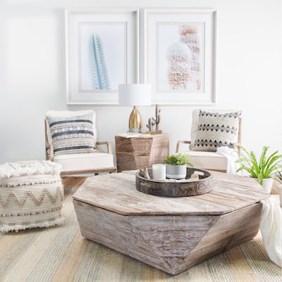 Esagono White-Washed Reclaimed Wood Octagonal Coffee Table With Storage - 47.8"L x 49"W x 15"H