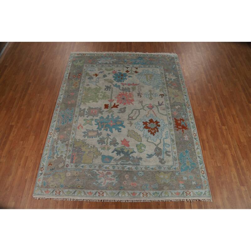 All-Over Grays Oushak Indian Area Rug Hand-Knotted Wool Carpet - 7'11" x 9'11"