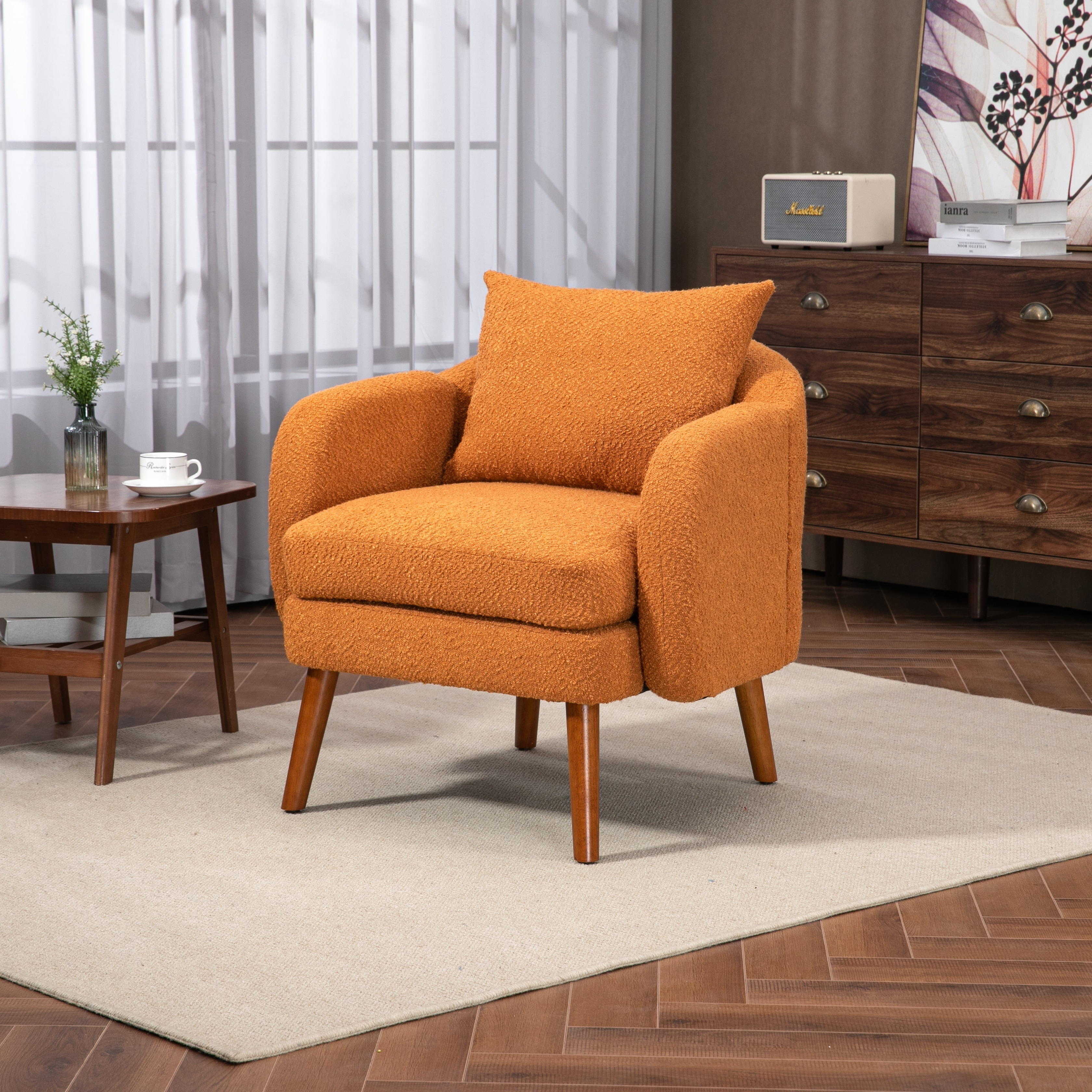 Orange Fabric Barrel Chair Wood Frame Accent Chair Lounge Armchair