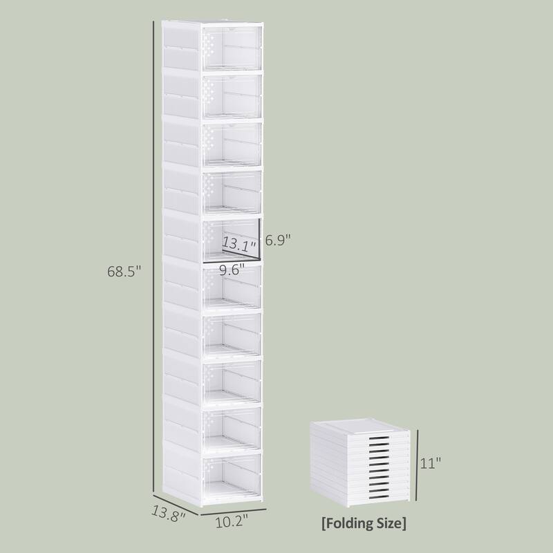 HOMCOM 10 Pack Foldable Shoe Organizer, Plastic No Assembly Stackable Shoe Storage Box with Clear Door, Space Saving