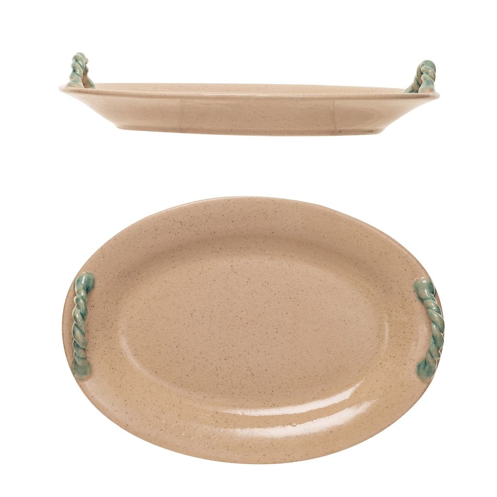 Terra-cotta Platter with Hand-Painted Braided Handles - 19.0"L x 13.3"W x 3.5"H - 19.0"L x 13.3"W x 3.5"H