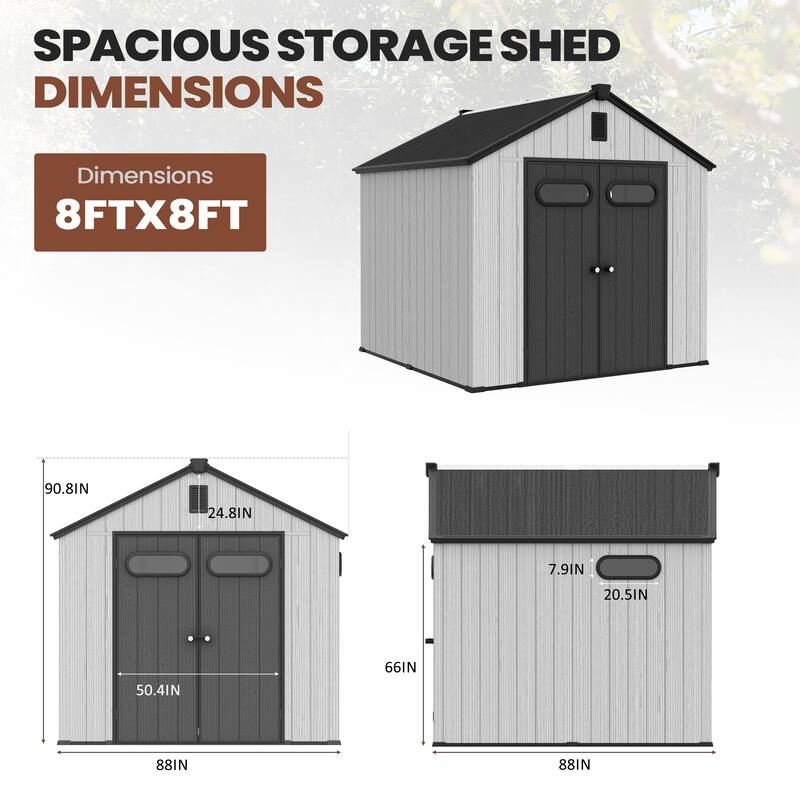 Pellebant 8X8/8X10/8X12 FT Resin Outdoor Storage Shed with Floor for Patio Furniture and Tools