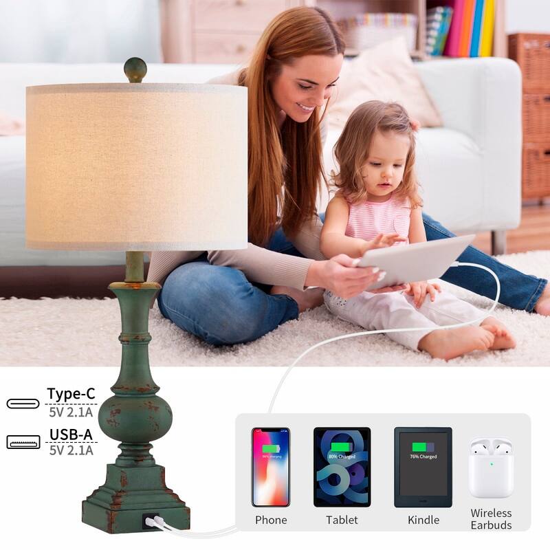 KAWOTI 25.5" Framhouse Table Lamp Set with USB Ports, Bulbs(Set of 2) - W12" x H25.5"