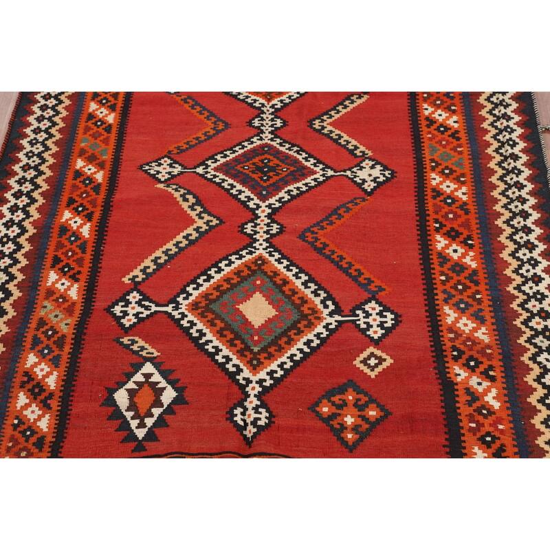 Red Kilim Qashqai Persian Vintage Area Rug Flatweave Wool Carpet - 5'0"x 7'6"