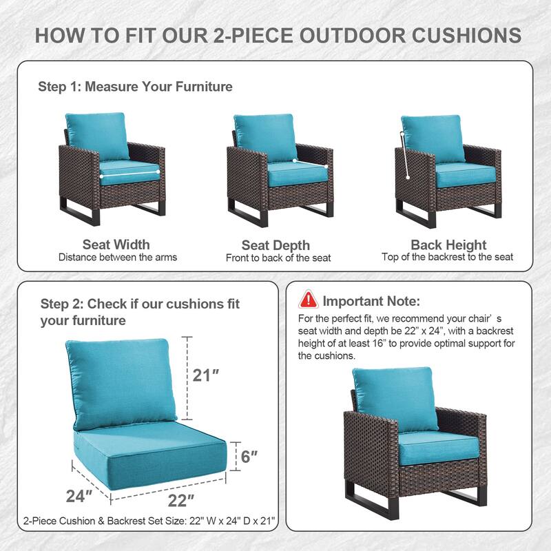 Gymojoy 24"x22"x6" Patio Thick Cushions & Pillows Set - Deep Seat Indoor/Outdoor Water & Fade Resistant