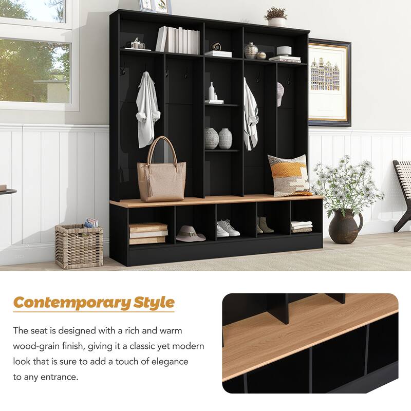 Large Hall Tree Coat Rack with Storage Bench, Modern Shoe Cabinet with Cube Storage & Shelves for Entryways, Mudroom