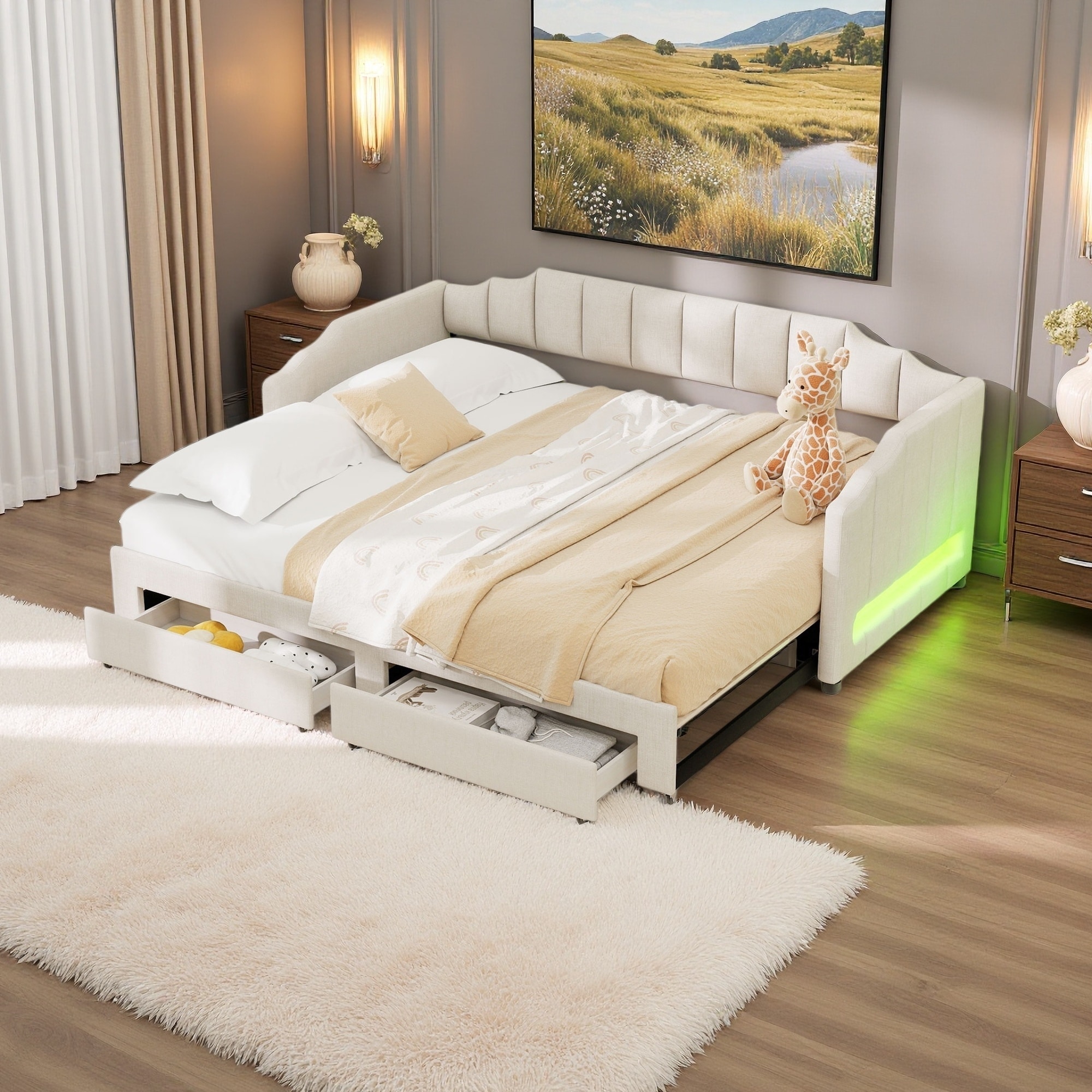 Twin XL to King Size Extendable Upholstered Daybed with Storage Drawers and LED Light