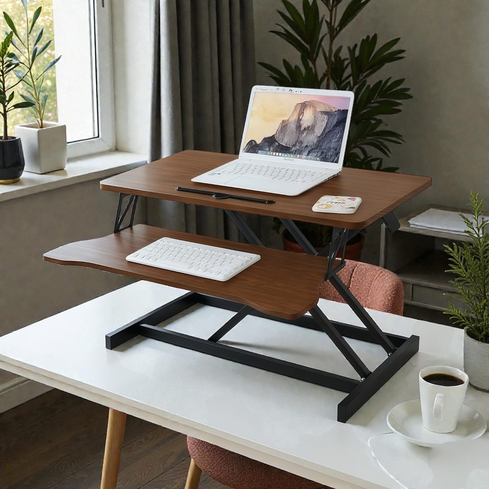 32 Inch Desk Converter Height Adjustable Sit to Stand Desk Riser with Keyboard Tray for Dual Monitor Laptop
