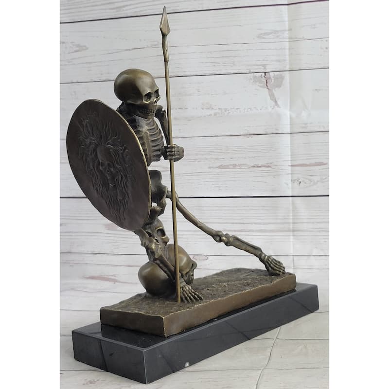 Skeleton Warrior W/ Shield And Spear Bronze Statue Sculpture Marble Base 12 Inches X 10 Inches