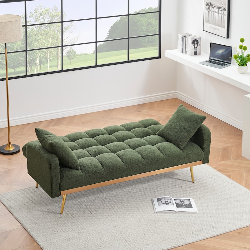 Futon Sleeper Sofa Bed Teddy Fabric Lounge Couch with 3 Speed Adjustable Back, Removable Armrest and Pillows for Small Space
