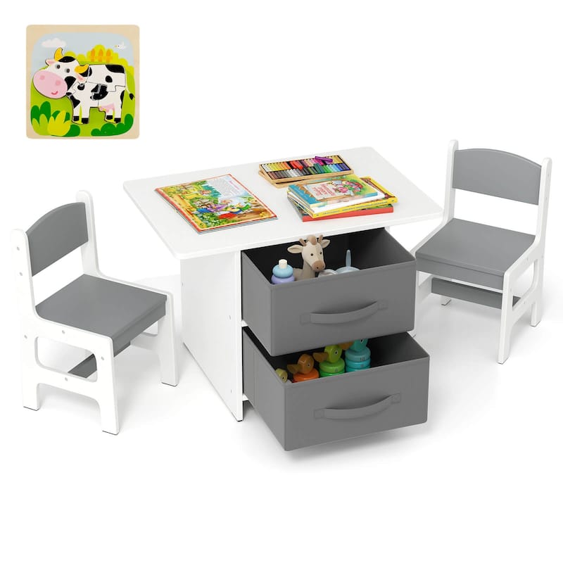Babyjoy Kids Art Play Wood Table and 2 Chairs Set w/ Storage Baskets - Grey