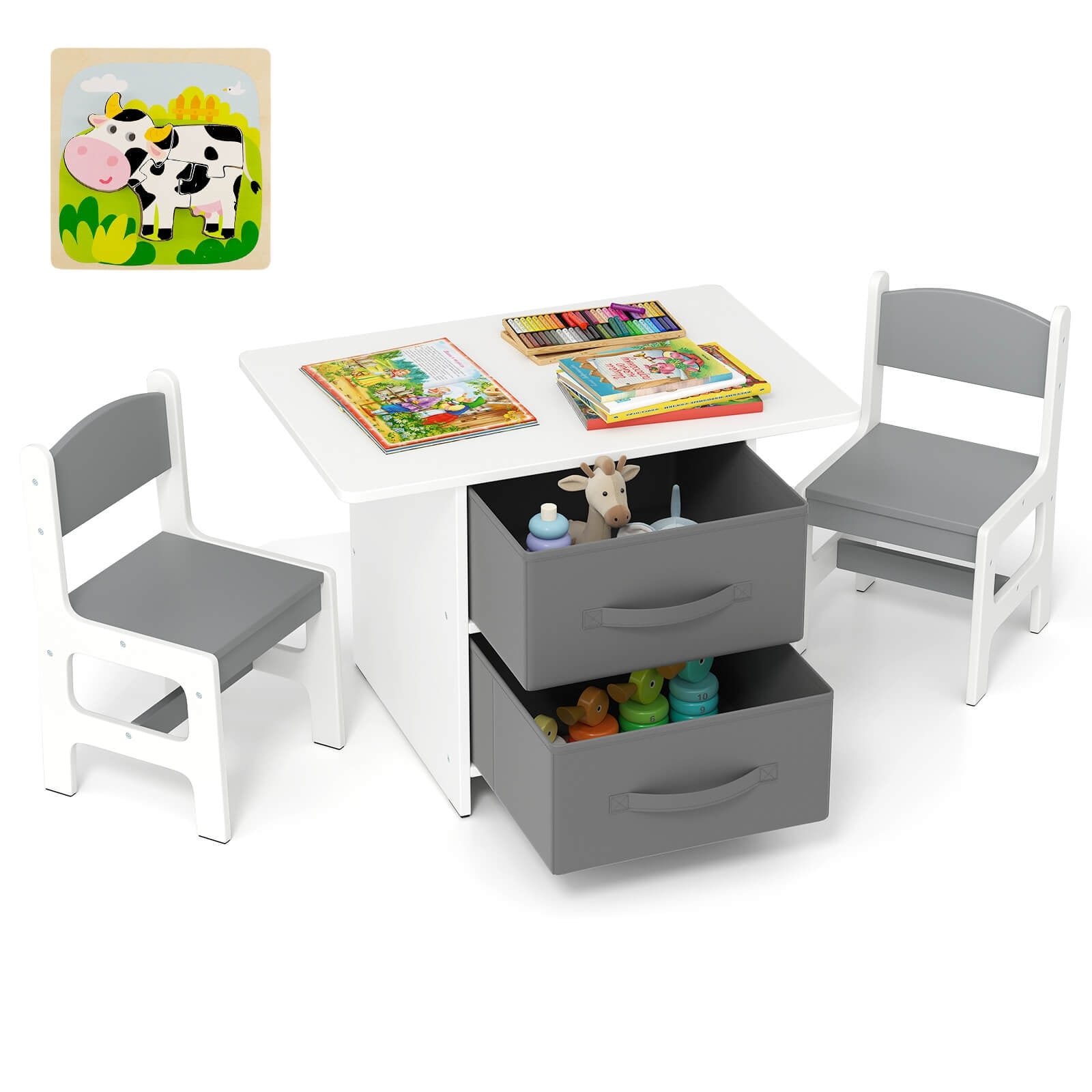 Babyjoy Kids Art Play Wood Table and 2 Chairs Set w/ Storage Baskets