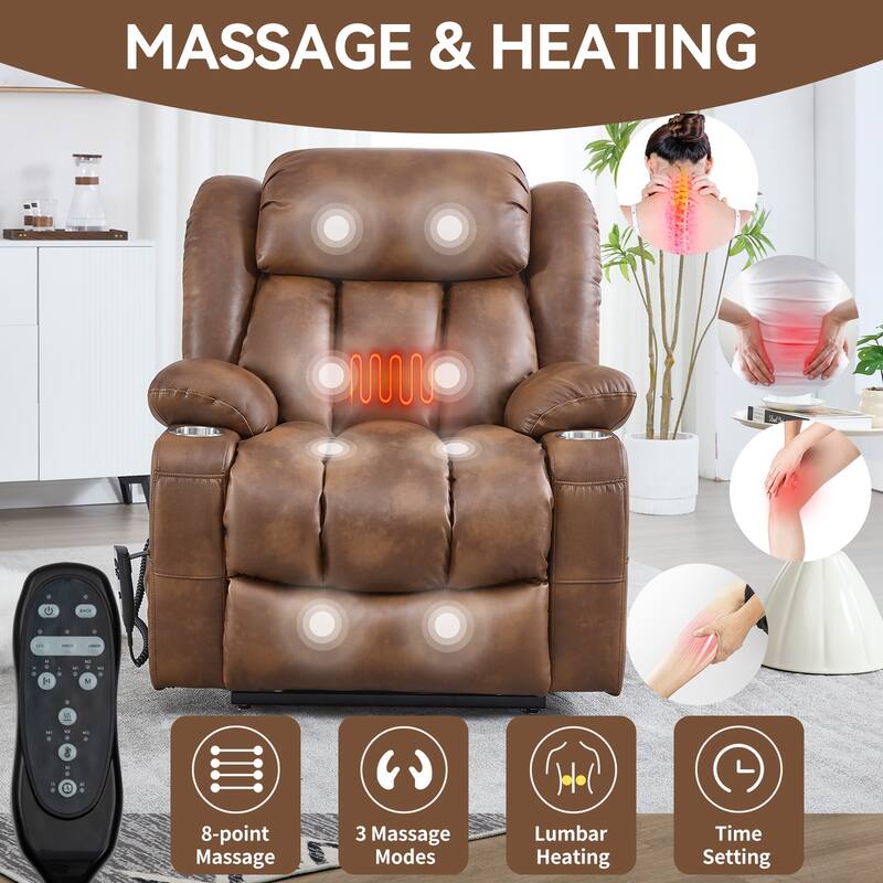 Dual Motor Power Lift Recliner Chair for Adults, Lay Flat Faux Leather Recliners w/Massage Heat, Cup Holders, Infinite Position
