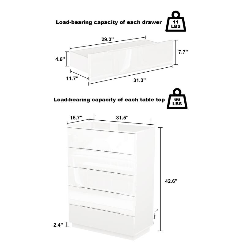5 Drawer Chest Dresser w/High Gloss Drawers Chest With Light Storage