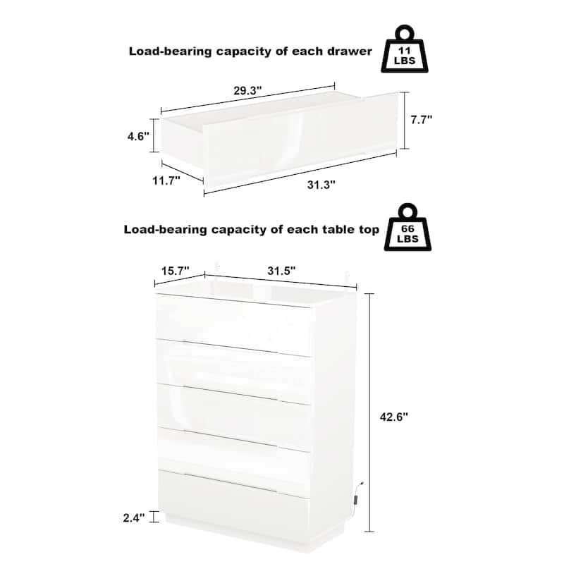5 Drawers Chest with High Gloss Drawers With Light Storage Cabinet