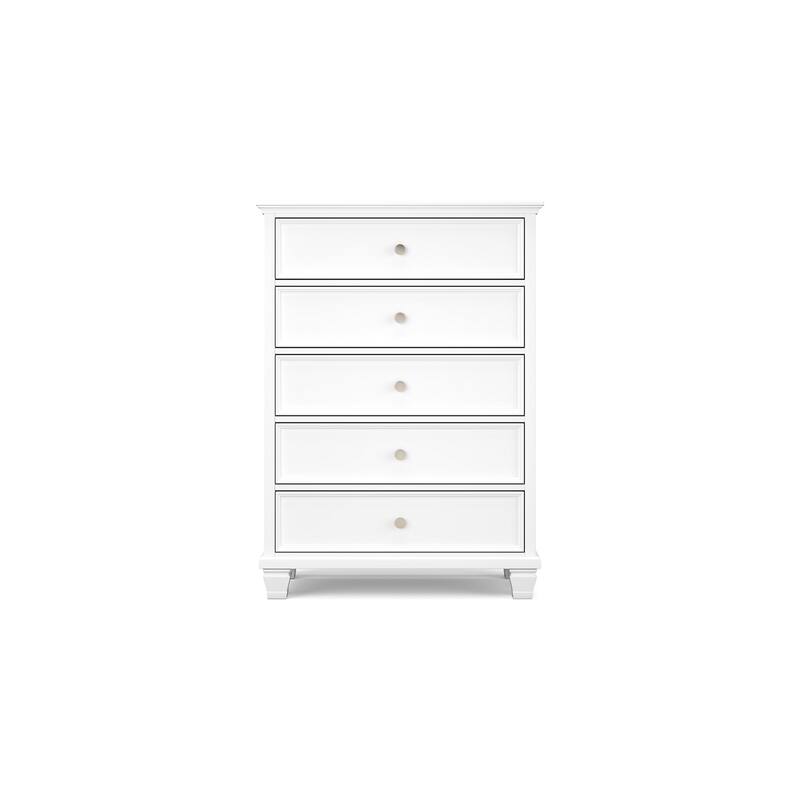 Heno Tall Dresser Chest, 5 Storage Drawers w Nickel Round Knobs, White