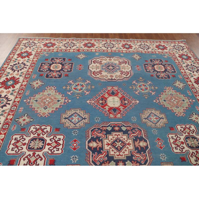 Light Blue Kazak Oriental Area Rug Hand-Knotted Geometric Wool Carpet - 8'4"x 11'2"