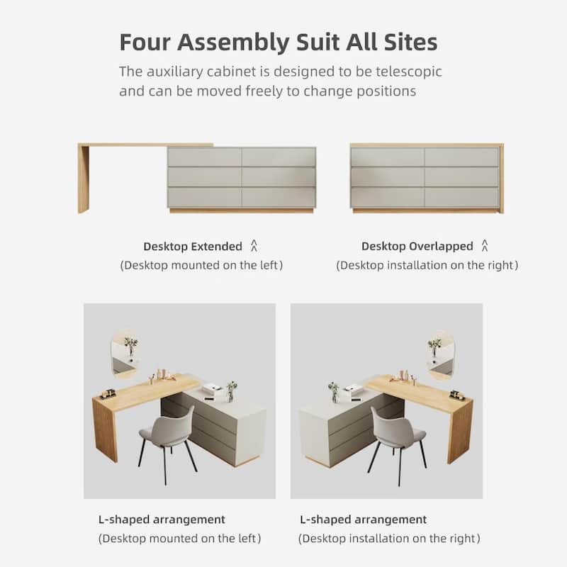 55.2 Inch White Corner L-Shaped Dressing Table with 6 Drawers Perfect for Bedrooms or Study Rooms