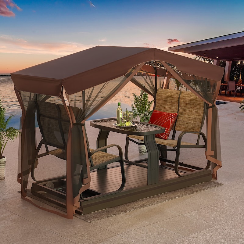Erommy 4-Seat Patio Swing Chair Outdoor Glider Benches, Aluminum Frame, Canopy with Netting, Porch Glider Chair - Brown