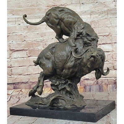 Fierce Lion Vs. Buffalo – Hot Cast Bronze Wildlife Sculpture By Milo