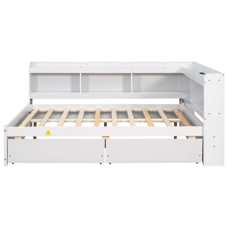 Full Size L-shaped Bookcases Bed with Power Outlets, USB Charging Ports and Two Drawers