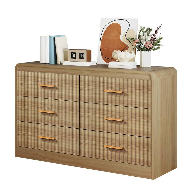 Moasis Fluted Dresser with 6 Drawers, 47" Wide Chest of Drawers with Metal Handle for Bedroom Storage Organizer - Natural