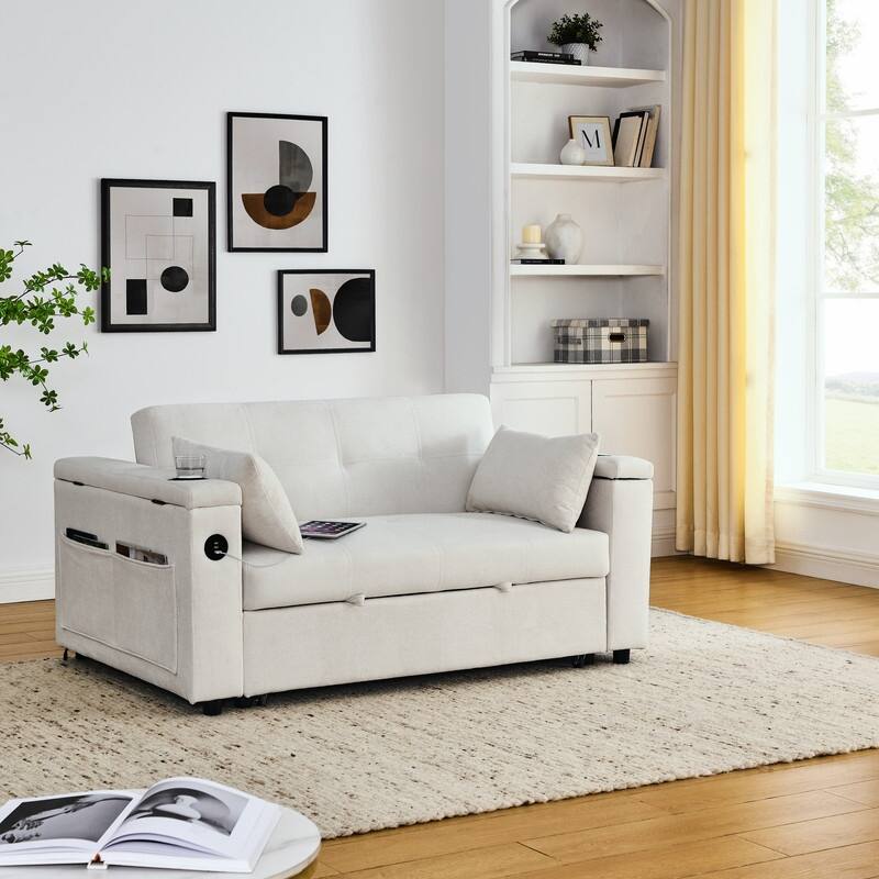 54"W Modern Chenille Sleeper Sofa,Sofa Bed with Storage Armrests and Side Pockets, Adjustable Backrest and Lumbar Pillow
