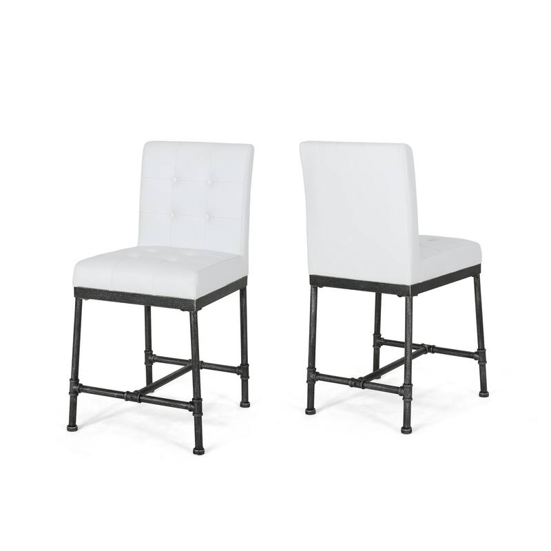Bruke Counter Height Chair Set of 2, White Tufted Faux Leather, Metal