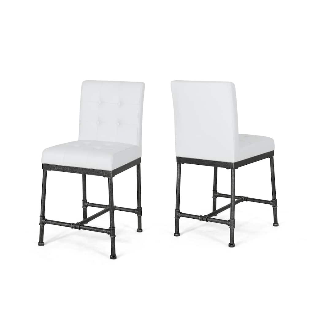 Bruke Counter Height Chair Set of 2, White Tufted Faux Leather, Metal