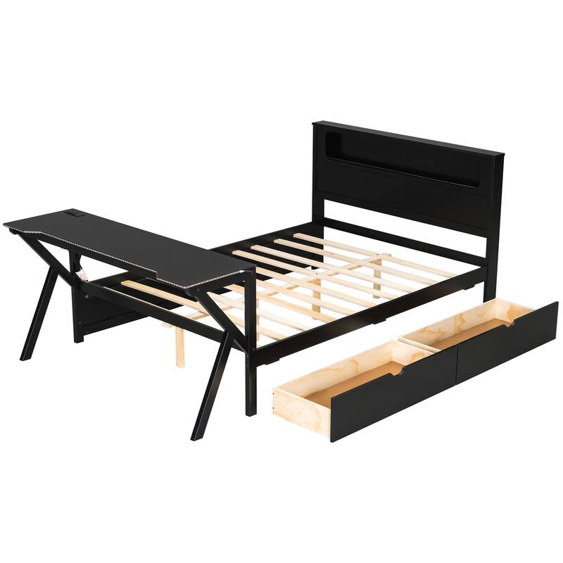 Roomfitters Twin/Full Wooden Gaming Platform Bed with LED Headboard, Desk and Drawers, Black