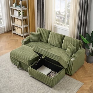 80.3" L Shaped Couch with Pull Out Bed Corduroy Sleeper Sofa Bed Convertible Sectional Couches with Cup Holder for Living Room
